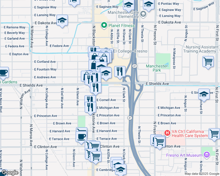 map of restaurants, bars, coffee shops, grocery stores, and more near 3033 North Effie Street in Fresno