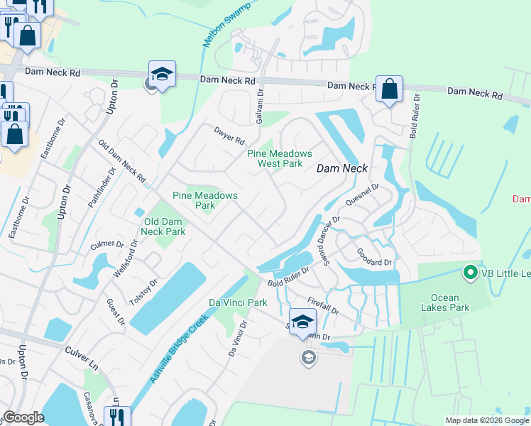 map of restaurants, bars, coffee shops, grocery stores, and more near 709 Dwyer Road in Virginia Beach