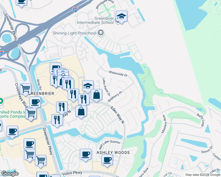map of restaurants, bars, coffee shops, grocery stores, and more near 1420 Bayberry Place in Chesapeake