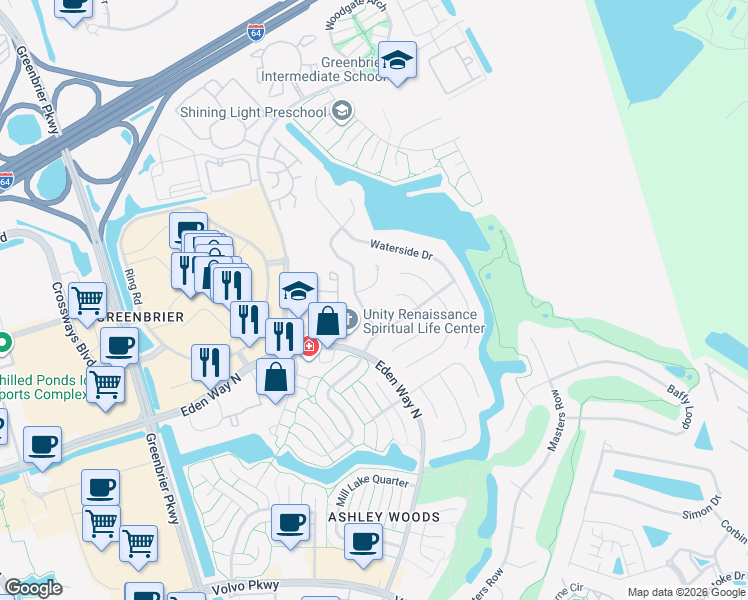 map of restaurants, bars, coffee shops, grocery stores, and more near 1420 Bayberry Place in Chesapeake