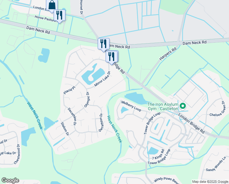 map of restaurants, bars, coffee shops, grocery stores, and more near 2437 Colony Drive in Virginia Beach