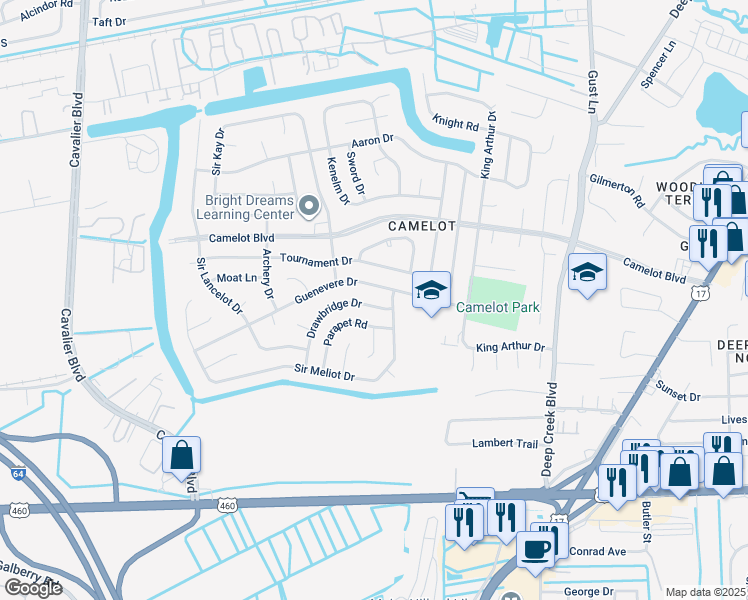 map of restaurants, bars, coffee shops, grocery stores, and more near 860 Drawbridge Drive in Chesapeake