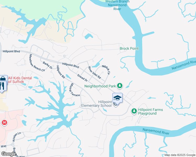 map of restaurants, bars, coffee shops, grocery stores, and more near 220 River Inlet Road in Suffolk