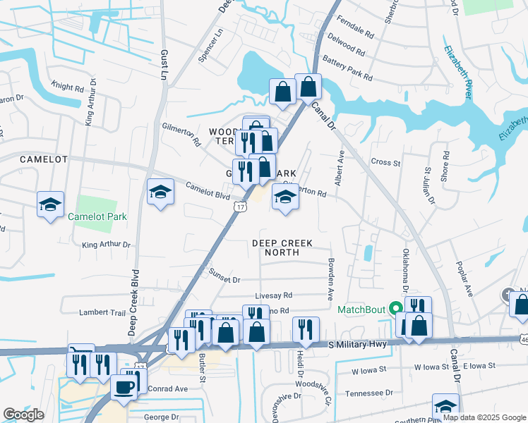 map of restaurants, bars, coffee shops, grocery stores, and more near 2516 Gilmerton Road in Chesapeake