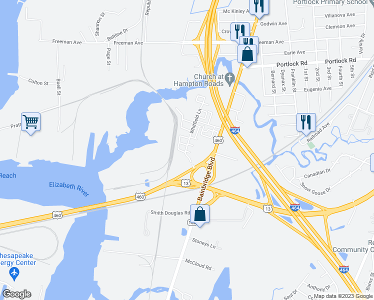 map of restaurants, bars, coffee shops, grocery stores, and more near 600 Grimes Way in Chesapeake