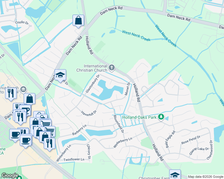 map of restaurants, bars, coffee shops, grocery stores, and more near 1709 Mendon Court in Virginia Beach