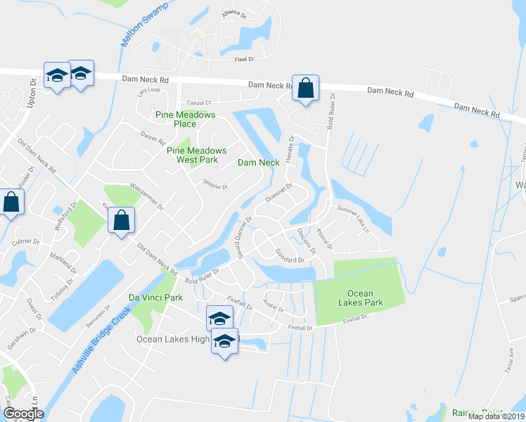 map of restaurants, bars, coffee shops, grocery stores, and more near 1591 Sword Dancer Drive in Virginia Beach