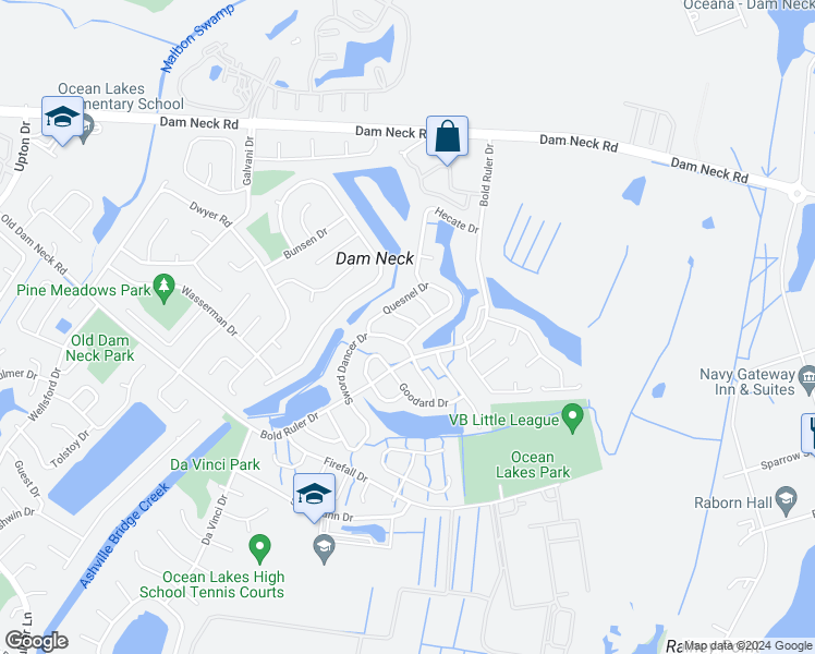 map of restaurants, bars, coffee shops, grocery stores, and more near 1619 Slidell Lane in Virginia Beach