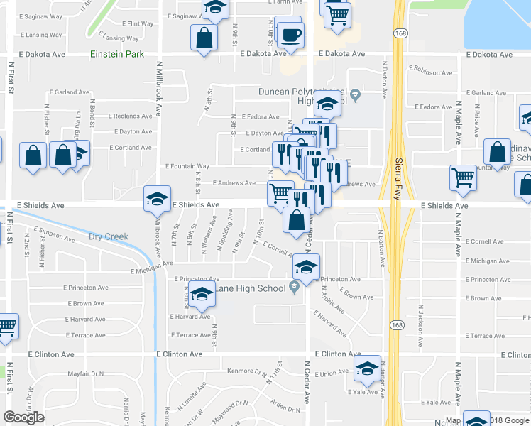 map of restaurants, bars, coffee shops, grocery stores, and more near 3138 North 10th Street in Fresno