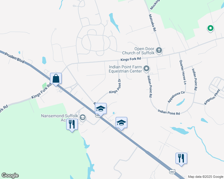 map of restaurants, bars, coffee shops, grocery stores, and more near 122 Kings Point Drive in Suffolk
