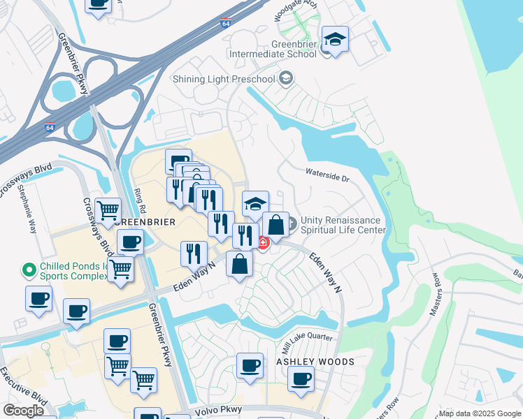 map of restaurants, bars, coffee shops, grocery stores, and more near 1501 Carlton Drive in Chesapeake