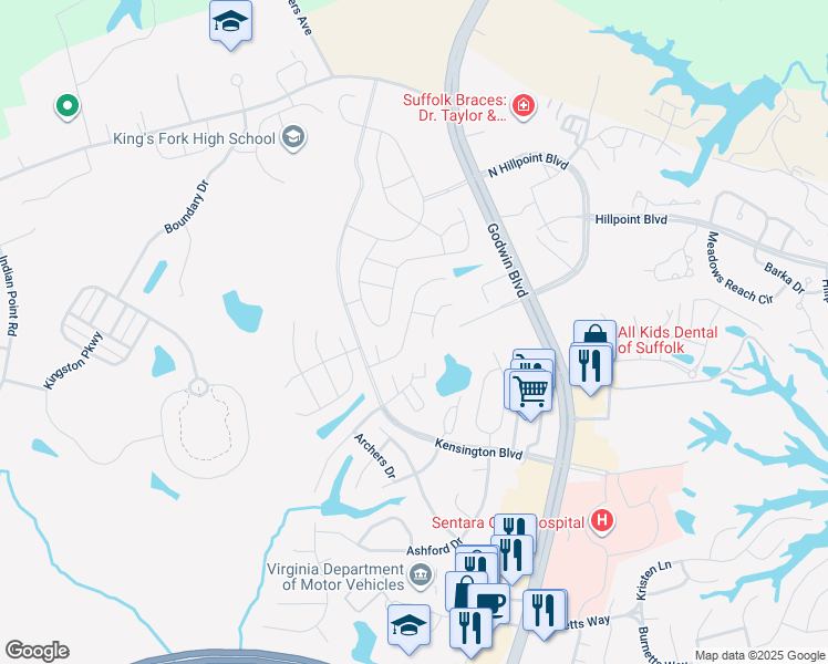map of restaurants, bars, coffee shops, grocery stores, and more near 158 Squire Reach in Suffolk