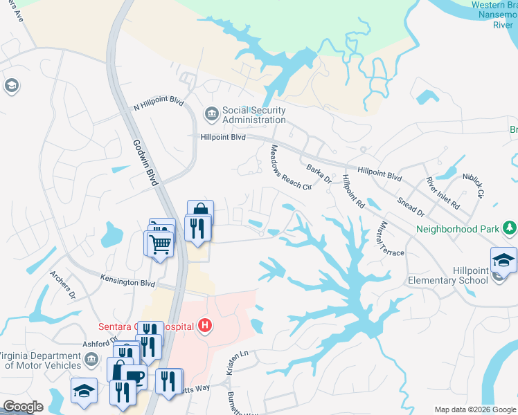 map of restaurants, bars, coffee shops, grocery stores, and more near 4001 Corporate Lane in Suffolk