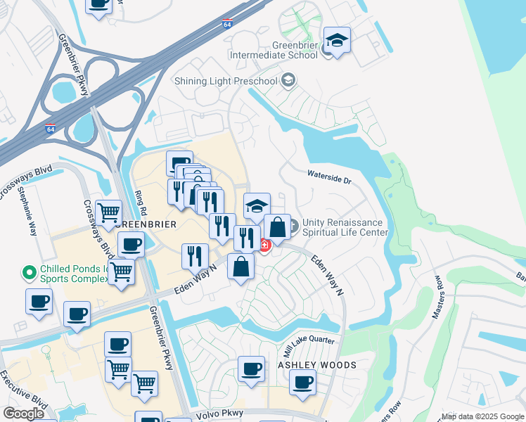 map of restaurants, bars, coffee shops, grocery stores, and more near 1108 Eden Way North in Chesapeake