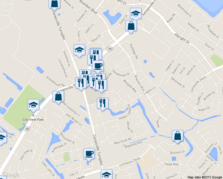 map of restaurants, bars, coffee shops, grocery stores, and more near 1808 Hidden Valley Drive in Virginia Beach