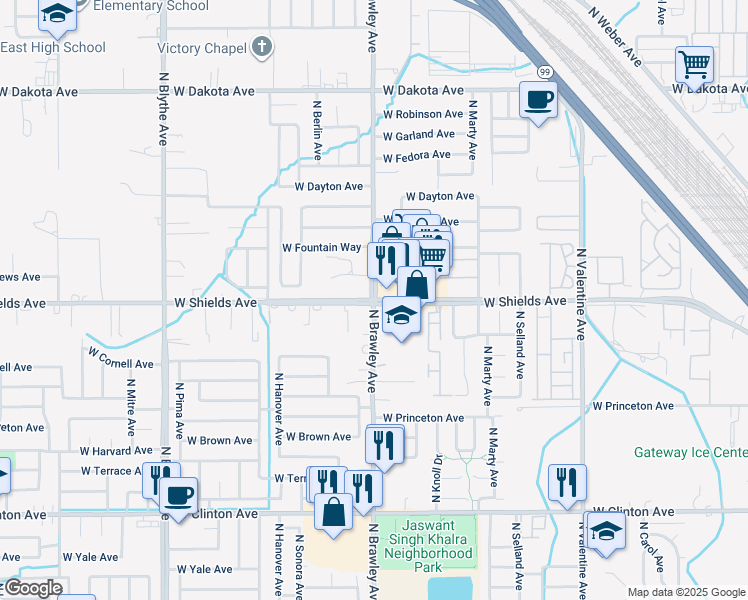map of restaurants, bars, coffee shops, grocery stores, and more near West Shields Avenue & North Brawley Avenue in Fresno