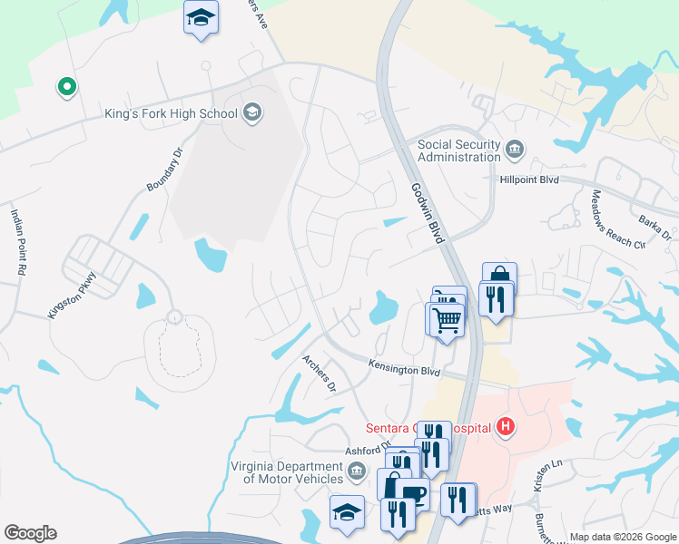 map of restaurants, bars, coffee shops, grocery stores, and more near 502 Catapult Court in Suffolk