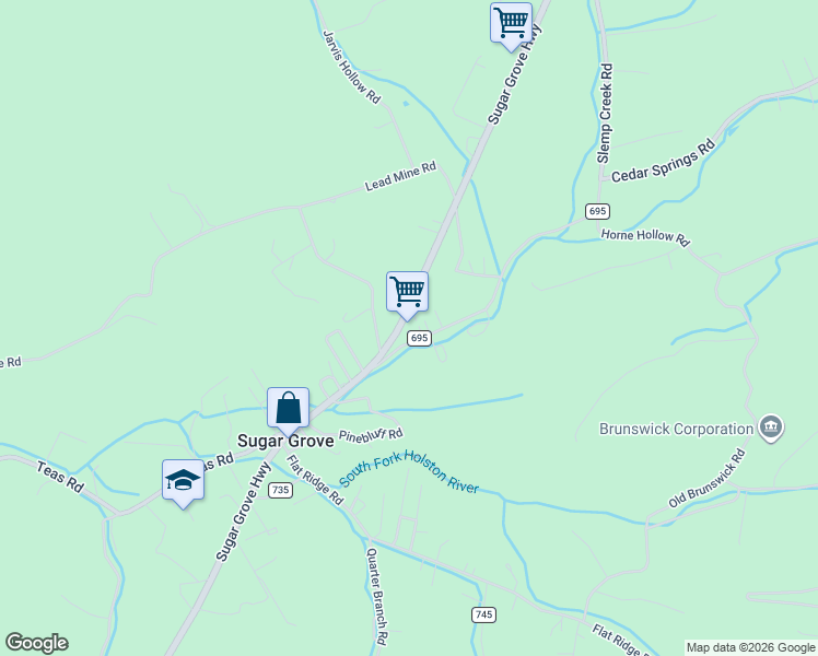 map of restaurants, bars, coffee shops, grocery stores, and more near 104 Slemp Creek Road in Sugar Grove