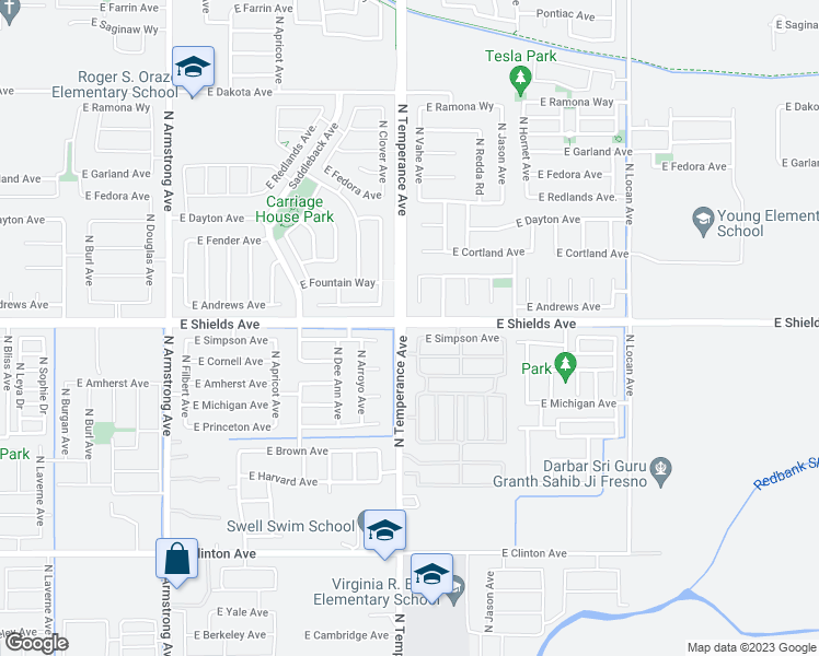 map of restaurants, bars, coffee shops, grocery stores, and more near 6994 East Simpson Avenue in Fresno