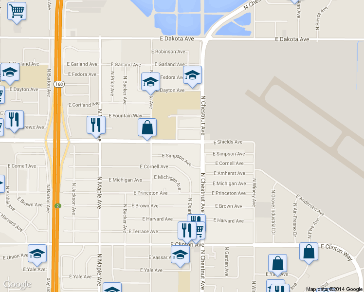 map of restaurants, bars, coffee shops, grocery stores, and more near 4771 East Simpson Avenue in Fresno