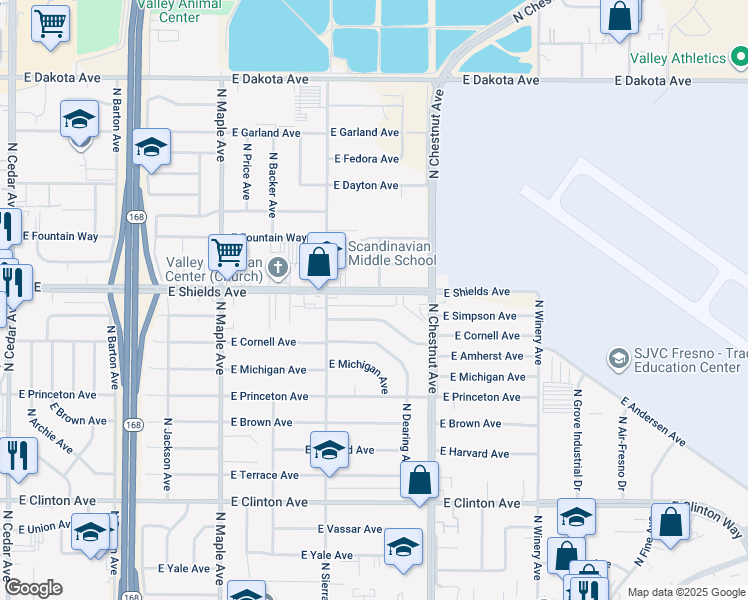map of restaurants, bars, coffee shops, grocery stores, and more near 4740 East Simpson Avenue in Fresno