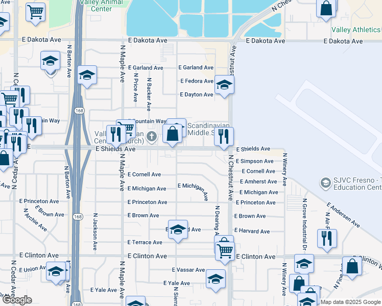 map of restaurants, bars, coffee shops, grocery stores, and more near 4740 East Simpson Avenue in Fresno