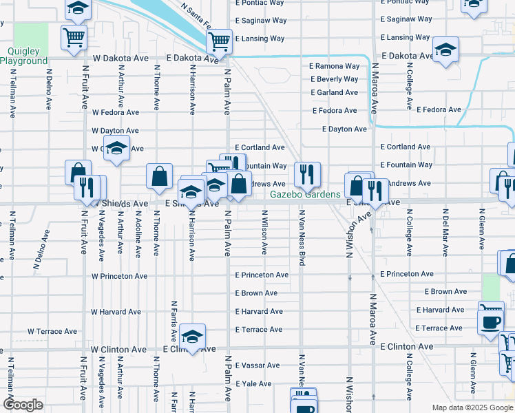 map of restaurants, bars, coffee shops, grocery stores, and more near 455 East Simpson Avenue in Fresno