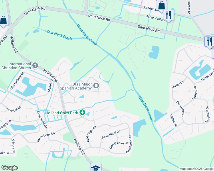 map of restaurants, bars, coffee shops, grocery stores, and more near 2824 Saville Garden Way in Virginia Beach