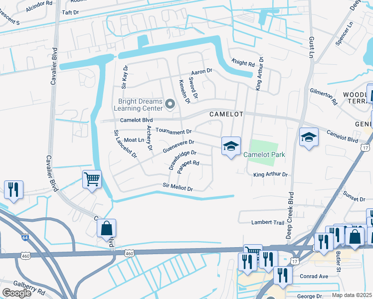 map of restaurants, bars, coffee shops, grocery stores, and more near 832 Parapet Road in Chesapeake