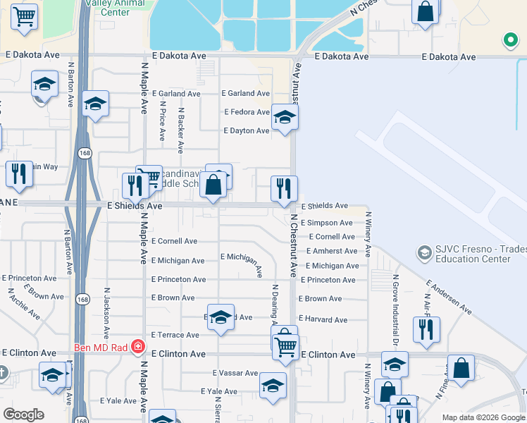 map of restaurants, bars, coffee shops, grocery stores, and more near 4771 East Simpson Avenue in Fresno