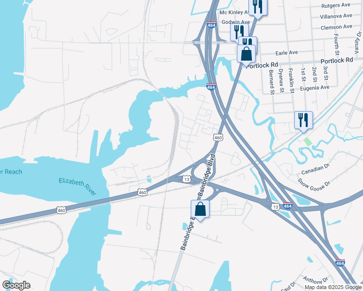 map of restaurants, bars, coffee shops, grocery stores, and more near 608 Grimes Way in Chesapeake
