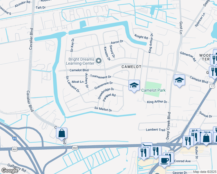 map of restaurants, bars, coffee shops, grocery stores, and more near 832 Parapet Road in Chesapeake