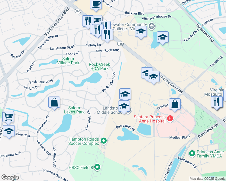 map of restaurants, bars, coffee shops, grocery stores, and more near 2101 Little Rock Court in Virginia Beach