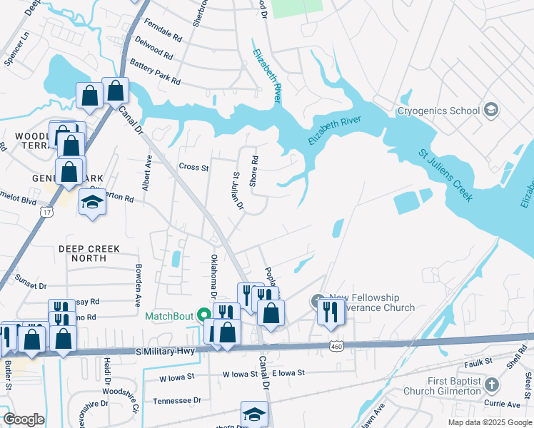 map of restaurants, bars, coffee shops, grocery stores, and more near 1012 Saint Julian Drive in Chesapeake