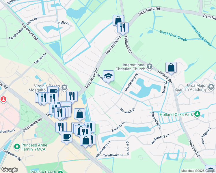 map of restaurants, bars, coffee shops, grocery stores, and more near 3205 Monet Drive in Virginia Beach