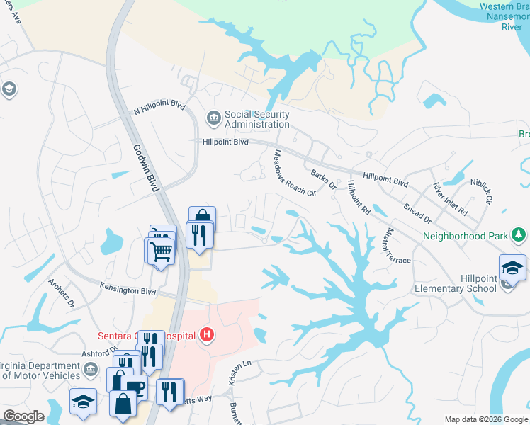 map of restaurants, bars, coffee shops, grocery stores, and more near 601 Hillpoint Woods in Suffolk