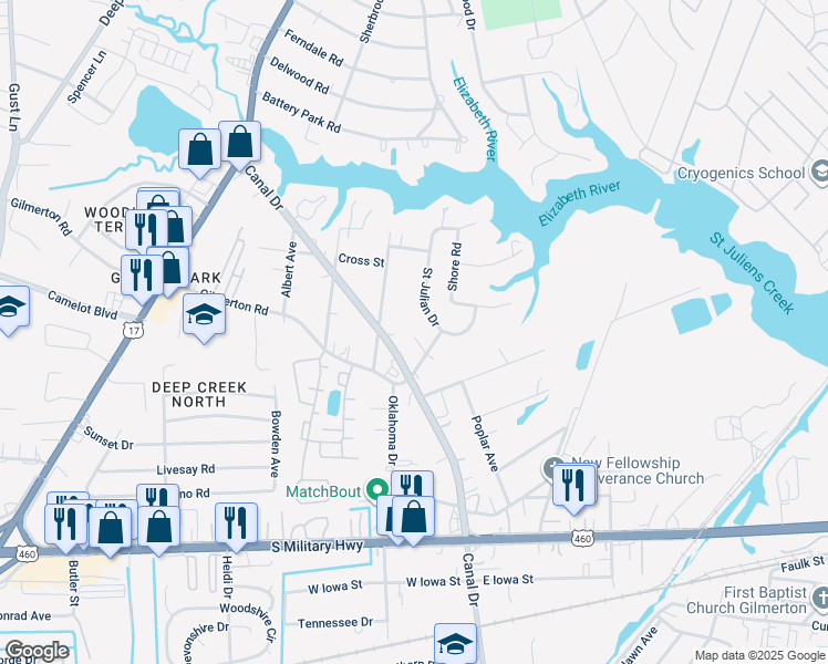 map of restaurants, bars, coffee shops, grocery stores, and more near 1025 Deaton Court in Chesapeake