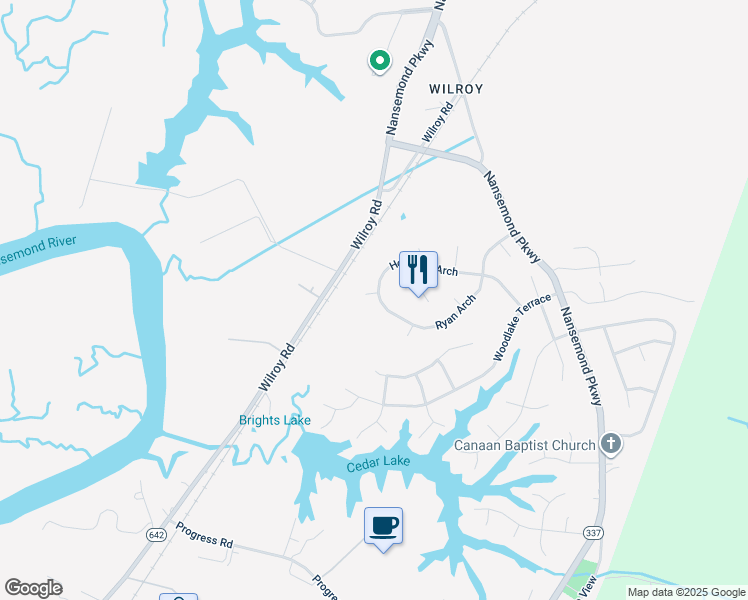 map of restaurants, bars, coffee shops, grocery stores, and more near 101 Prescott Court in Suffolk