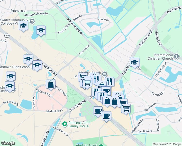 map of restaurants, bars, coffee shops, grocery stores, and more near 3484 Landstown Court in Virginia Beach