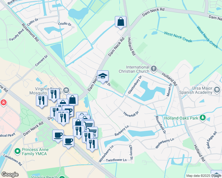 map of restaurants, bars, coffee shops, grocery stores, and more near 3205 Monet Drive in Virginia Beach