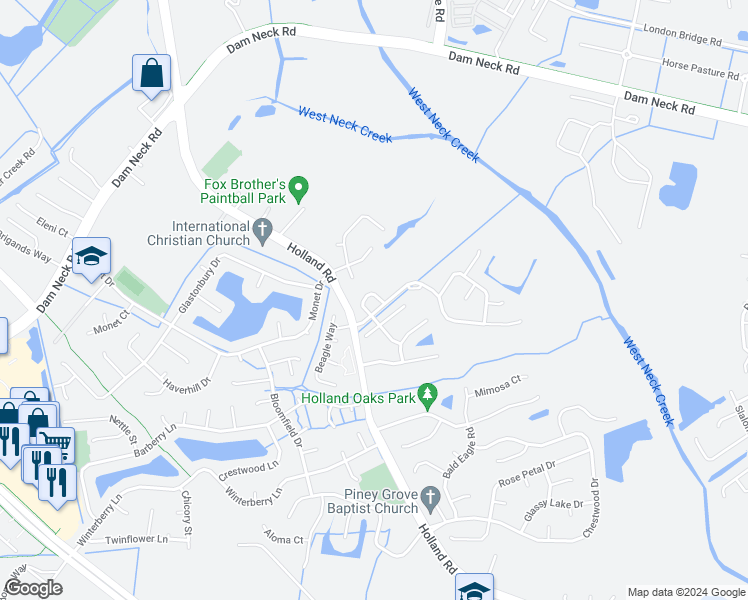 map of restaurants, bars, coffee shops, grocery stores, and more near 1841 Saville Garden Court in Virginia Beach