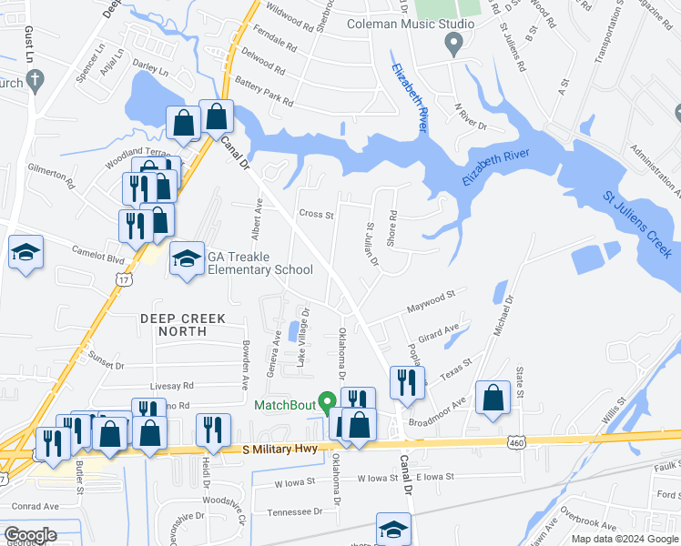 map of restaurants, bars, coffee shops, grocery stores, and more near 1029 Canal Drive in Chesapeake