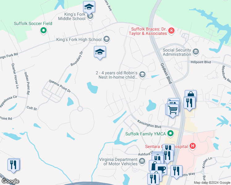 map of restaurants, bars, coffee shops, grocery stores, and more near 320 Gauntlet Way in Suffolk
