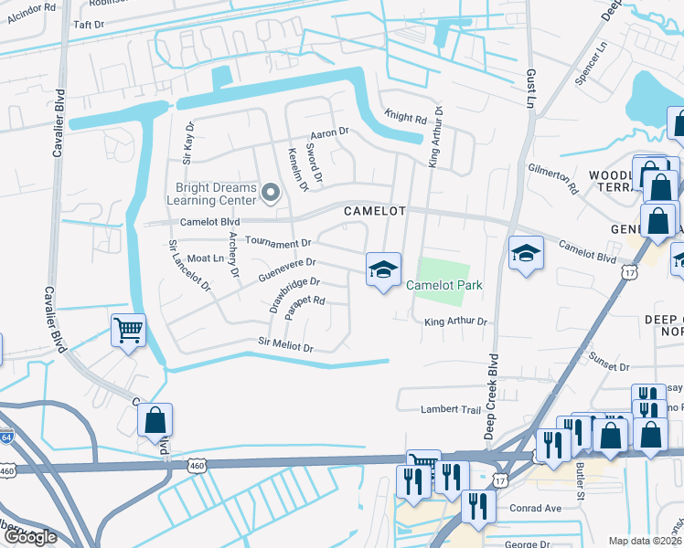 map of restaurants, bars, coffee shops, grocery stores, and more near 3016 Guenevere Drive in Chesapeake