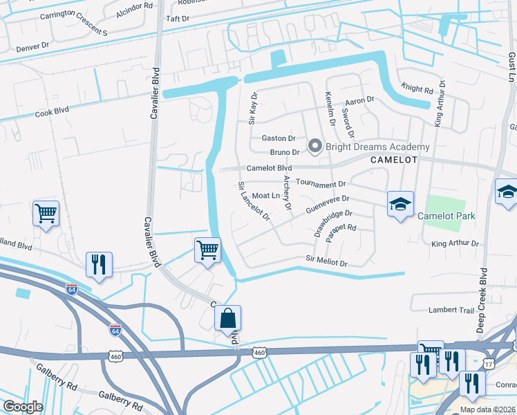 map of restaurants, bars, coffee shops, grocery stores, and more near 3220 Moat Lane in Chesapeake