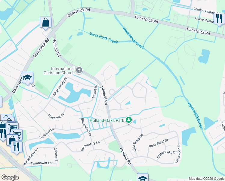 map of restaurants, bars, coffee shops, grocery stores, and more near 1841 Saville Garden Court in Virginia Beach