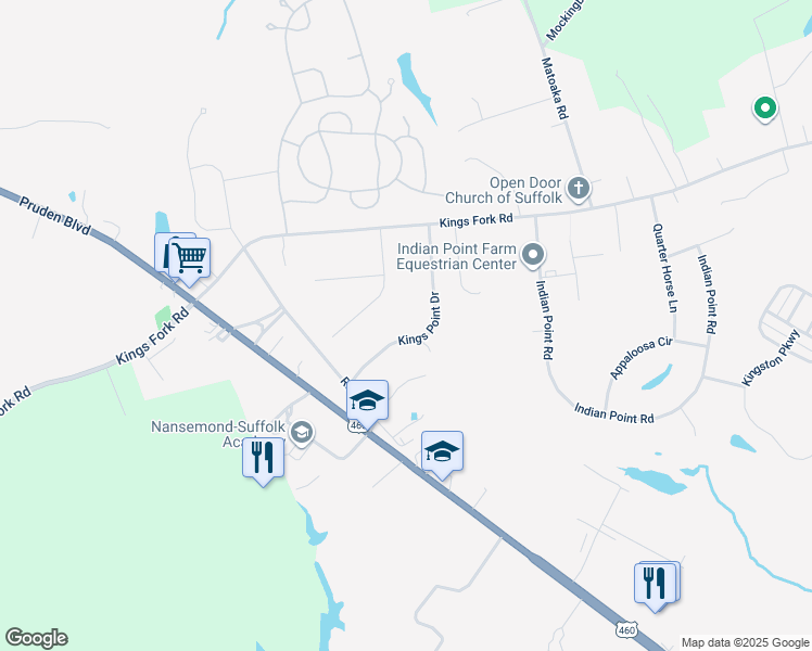 map of restaurants, bars, coffee shops, grocery stores, and more near 122 Kings Point Drive in Suffolk