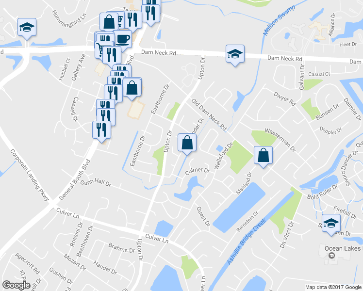 map of restaurants, bars, coffee shops, grocery stores, and more near 1797 Pathfinder Drive in Virginia Beach