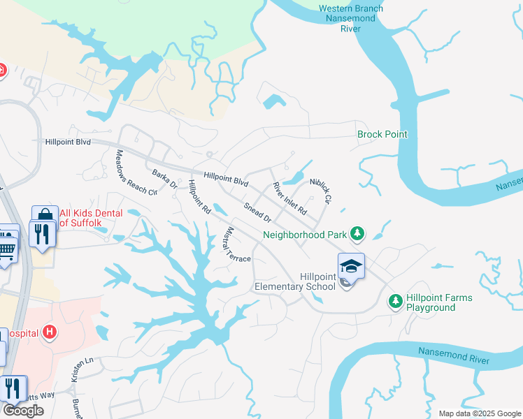 map of restaurants, bars, coffee shops, grocery stores, and more near 1033 Snead Drive in Suffolk