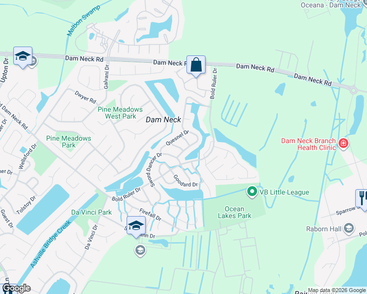 map of restaurants, bars, coffee shops, grocery stores, and more near 713 Quesnel Drive in Virginia Beach